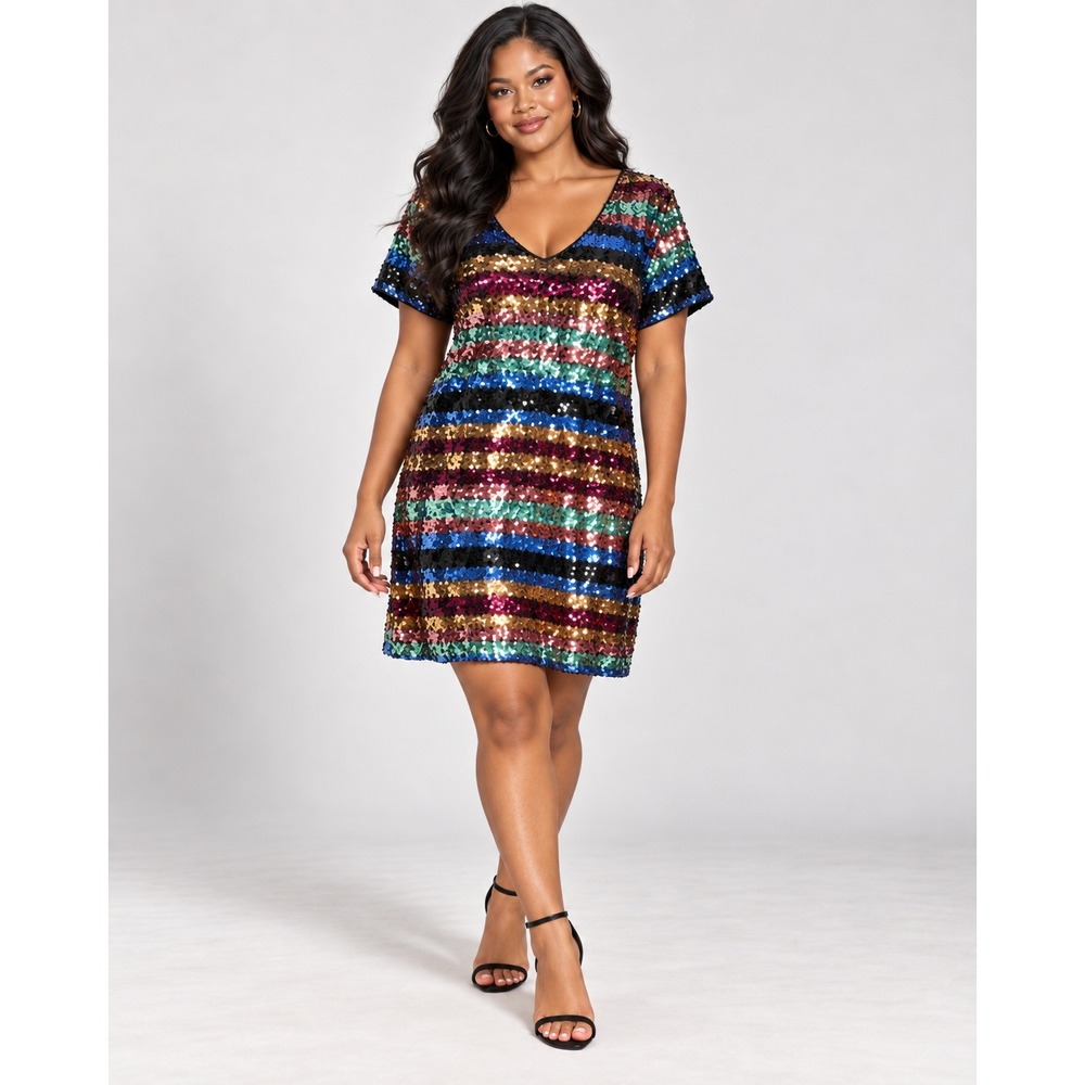 ECI New York Womens Sequin Stripe V-Back Mini Shift Dress Multicolor Size L NWT